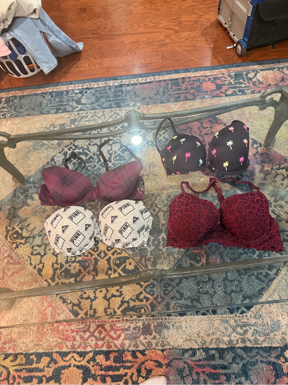 Mixed Women's Bras - Black Palm Print, Burgundy Lace, Maroon Plaid, White Logo